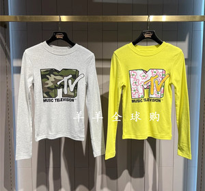 Moussy国内代购 2024春MTV联名印花修身做旧长袖T恤010GA701-5090