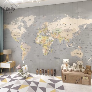 中英文世界地图儿童房墙纸男孩卧室壁布书房墙布复古灰色壁纸新款