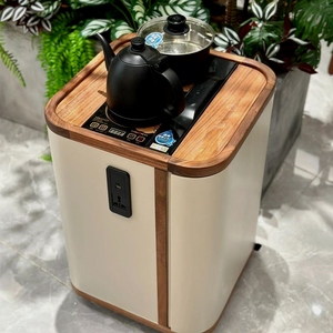 茶桌柜边柜现代移动茶水柜黑胡桃实木烧水壶一体可茶桌边柜储物柜
