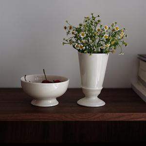 这个太好看 中古风奶油色陶瓷高脚碗 酸奶水果碗法式高脚杯小花瓶