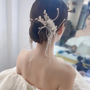 新娘头饰韩式森系超仙水晶串珠发夹简约盘发边夹结婚礼白纱配
