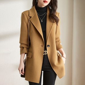 秋冬季品牌纯色双面呢大衣女2023新款韩版中长西装羊毛外套零羊绒