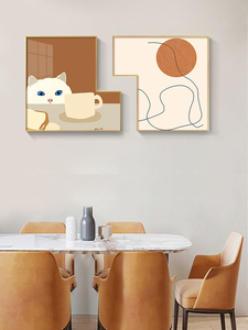 北欧风格餐厅装饰画双联猫咪饭厅墙面装饰壁画餐桌墙莫兰迪挂画