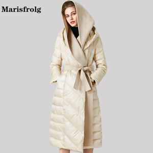 玛丝菲尔女装2023冬季新款拼接外套修身连帽加厚白鸭绒过膝羽绒服