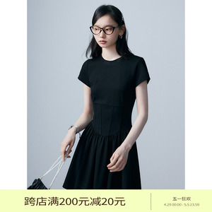 EGGKA黑色百褶连衣裙2024夏季新款简约时尚气质通勤短袖收腰短裙