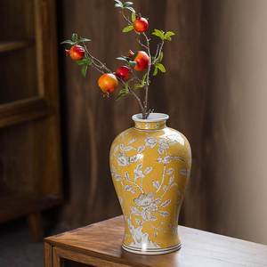 新品黄色仿古手绘青花瓷花瓶摆件中式古香古色客厅水培插花花器