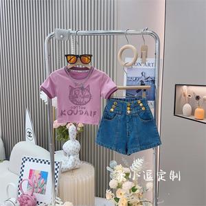 女童裤子夏季2024新款韩版时尚卡通高级撞色T恤复古牛仔短裤套装