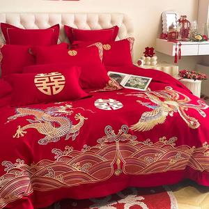 中式婚庆高档床单四件套公主风结婚婚房大红龙凤刺绣被套床上用品