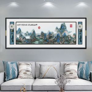 中式客厅装饰画国画沙发背景画苏绣大匾刺绣挂画海纳百川玉石流苏