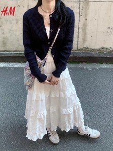 HM藏青色毛衣开衫女薄款2024春季新款韩版小麻花针织衫上衣短款外