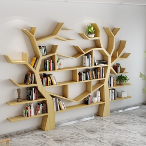 简约现代实木树形书架办公室客厅沙发后创意墙上落地置物架装饰架