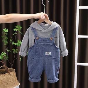 婴儿衣服韩版超洋气纯色连帽背带裤套装五6七8九个月男女宝宝春装