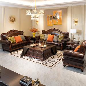 美式实木沙发真皮头层牛皮豪华别墅复古欧式客厅2023新款全屋家具
