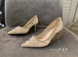 RENE CAOVILLA/ RC 23新款水晶蕾丝单鞋女士尖头细跟高跟鞋婚鞋