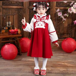 方来2024新女童汉服中国风过年古装古风超仙红色拜年服秋冬季加厚