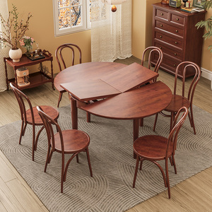 法式复古实木餐桌折叠圆桌家用小户型饭桌客厅中古风圆形伸缩餐椅