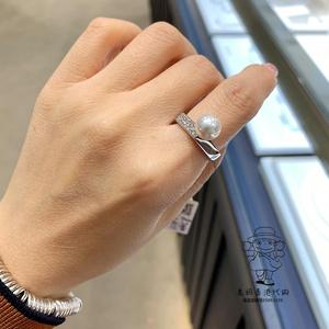 代购MIKIMOTO御木本18K白金海水珍珠单边戒臂镶钻女生戒指8.2mm