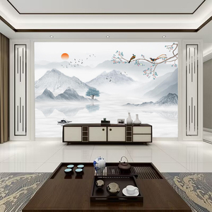 2024新中式简约电视背景墙壁纸客厅山水画壁布影视墙纸8d贴画墙布