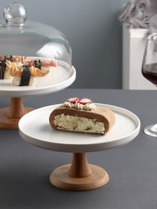 陶瓷木底高脚陶瓷蛋糕盘玻璃罩盖蛋糕托盘欧水果盘带盖蛋糕架甜品