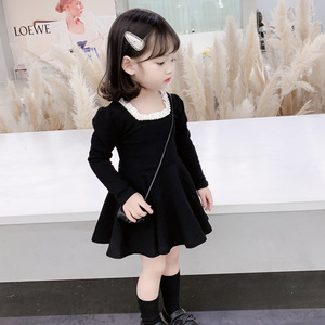 女童长裙黑色爆款长袖公主韩版2024新款春装中长款儿童连衣裙子小