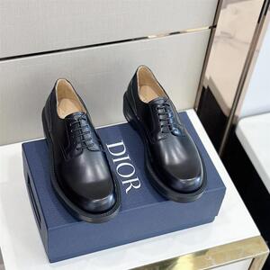 代购Dior迪奥新款男鞋商务休闲皮鞋圆头系带平底鞋纯色正装德比鞋