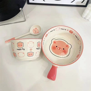可爱猪碗碟盘儿童学生宿舍专用陶瓷酸奶沙拉餐具少女心情侣泡面碗