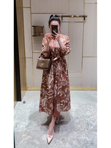 MaxMara/麦丝玛拉 2024SS新款纯棉印花系带收腰长袖衬衫连衣裙女