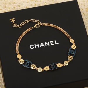 Chanel/香奈儿 2024SS新款金色圆形饰品海军蓝双C项链个性颈链女