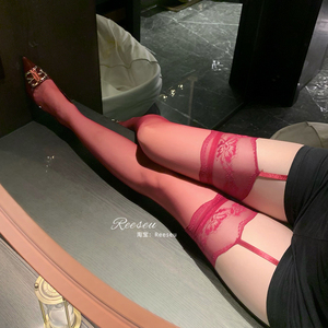 红色吊带丝袜性感纯欲蕾丝花边过膝一体高长筒袜子春秋超薄款黑丝