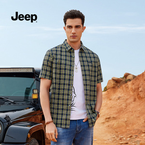 Jeep吉普官方正品男装格子衬衫男半袖透气吸汗短袖Polo领外套夏季