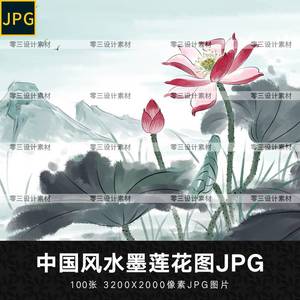 中式传统水墨莲花荷花图案挂画装饰话绘画临摹参考JPG图片素材