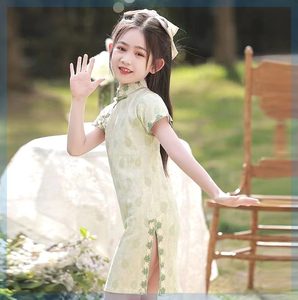 韩系女童旗袍绿色蕾丝夏季短袖复古中国风儿童小清新改良中大童连