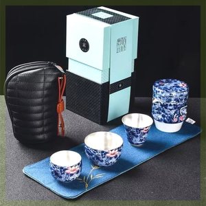 景德镇青花包银内胆旅行茶具套装一壶三杯快客杯家用礼品户外茶器