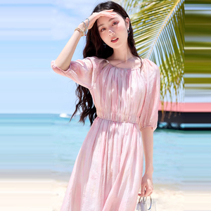 欧洲站女装2024夏季新款温柔风粉色裙子海边度假沙滩超好看连衣裙