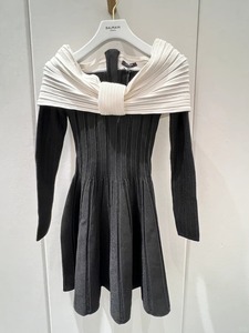 BALMAIN/巴尔曼 2024SS新款小礼裙高级感法式撞色针织一字连衣裙