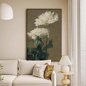 法式复古牡丹客厅装饰画玄关落地肌理纯手绘油画花卉抽象中古挂画
