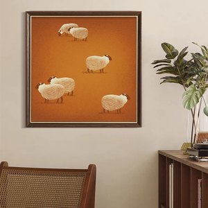 小众艺术白绵羊客厅装饰画儿童房间卧室动物挂画玄关黄色手绘油画