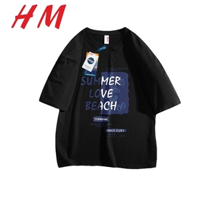 HM短袖t恤男夏季2024新款纯棉情侣装夏装白色t血图案线上纯黑