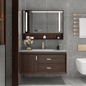 恒洁现代新中式浴室柜组合橡木陶瓷一体盆实木洗手台卫浴柜吊柜洗