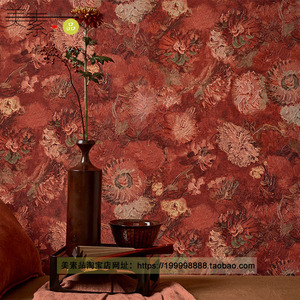 欧式美式复古墨绿色红色壁纸梵高墙纸花朵卧室餐厅客厅电视背景墙