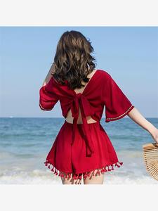 海边沙滩裙裤民族风流苏小个子甜美性感红色小心机露背连体阔腿裙