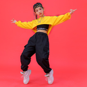 新款女童街舞潮装表演出服装儿童爵士舞服嘻哈露脐上衣hiphop衣服