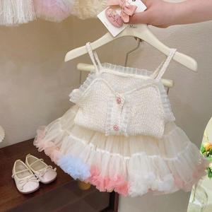 韩系女宝宝甜美吊带上衣tutu裙搭配神器女童针织吊带上衣纯色套装