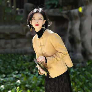 新中式国风黄色圆领短款外套女初春复古气质时尚妈妈大码宽松上衣