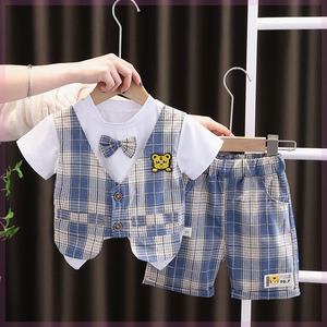 巴拉bala男童西装夏季短袖套装宝宝2023新款两件套1-3小孩洋气衣