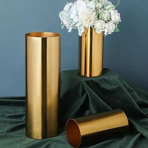 欧式圆筒金属电镀花瓶摆件客厅样板房金色铁艺插花器轻奢软装饰品