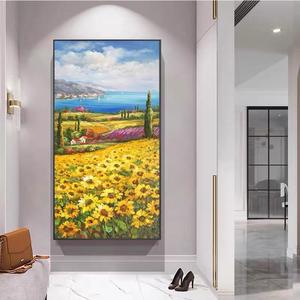 现代简约地中海风景手绘油画玄关走廊竖版欧式壁画向日葵装饰画