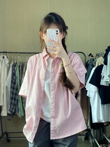 粉色短袖衬衫女夏季薄款宽松小众设计感基础色衬衣外搭慵懒风外套