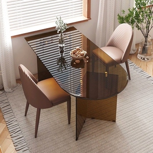 轻奢现代简约透明半岛台餐桌一体钢化玻璃餐桌半圆椭圆家用小户型