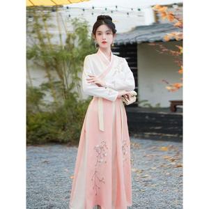 新中式甜粉色国风套装女年夏季改良汉服襦裙齐腰毛巾绣两件套